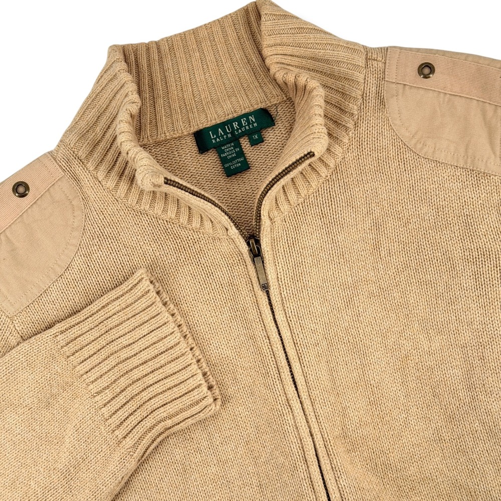 Vintage Lauren Ralph Lauren Full Zip knit Sweater Women 1X Tan Military Cardigan